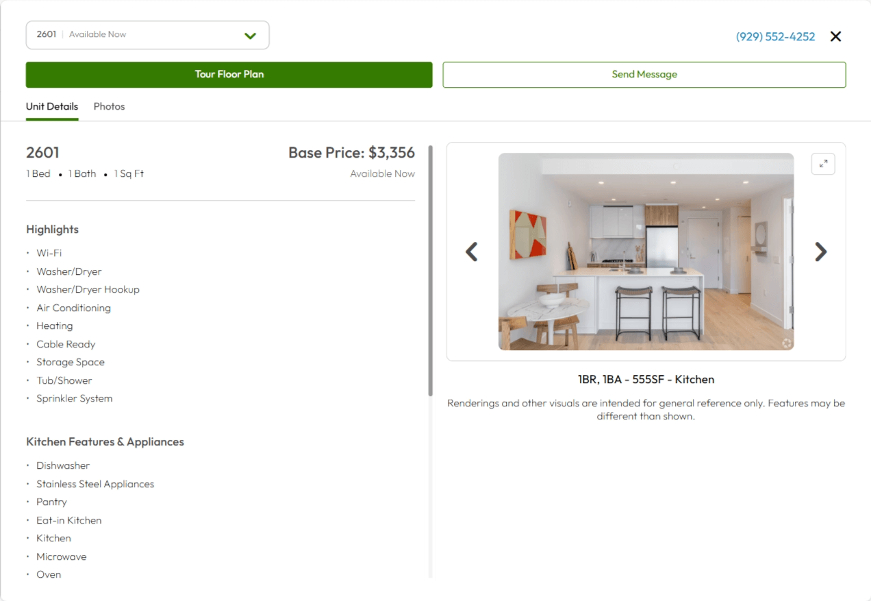 A screenshot of the unit-level shopping experience a 1-bed, 1-bathroom apartment in the Halletts Point apartment community.