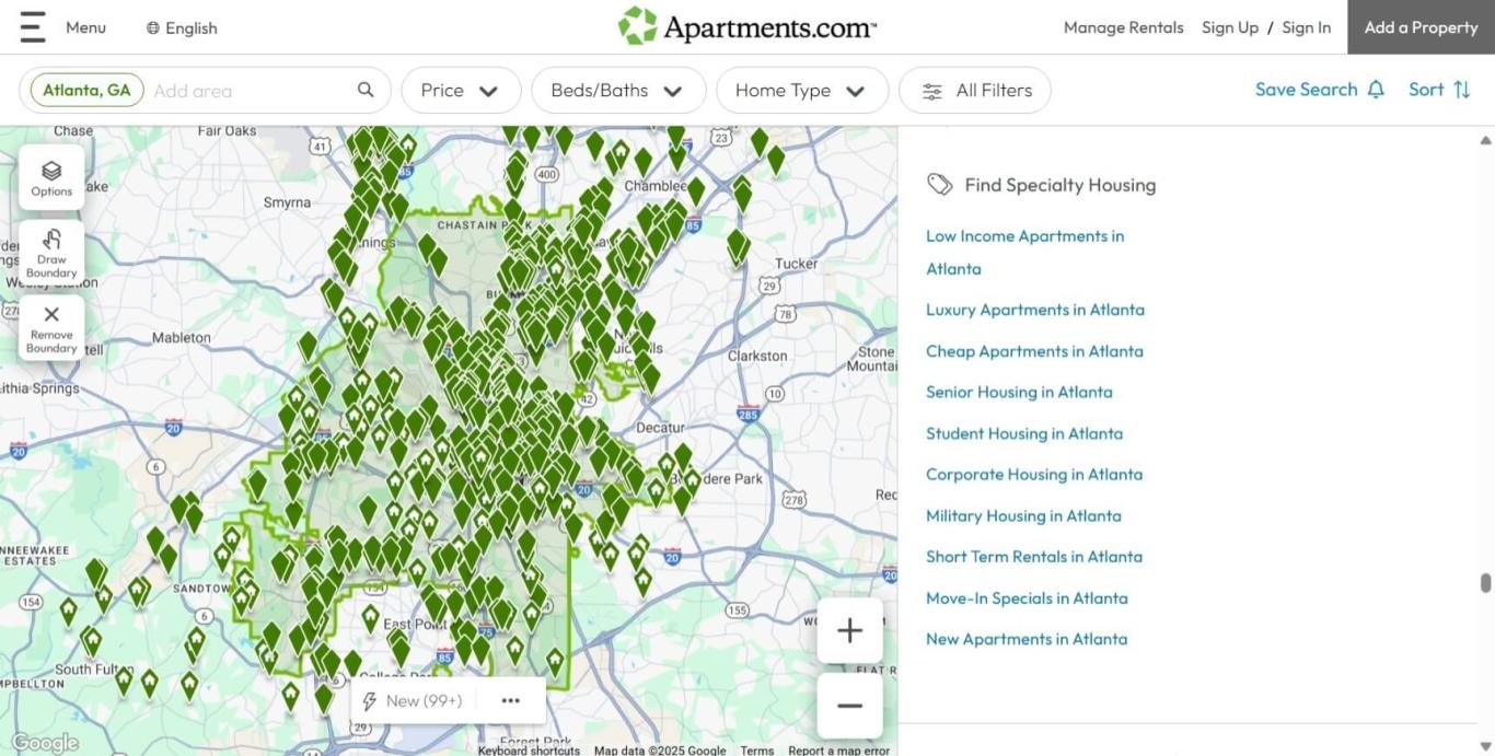 A screenshot of the Atlanta search page on Apartments.com shows the "Find Specialty Housing" quick links at the bottom of the page.