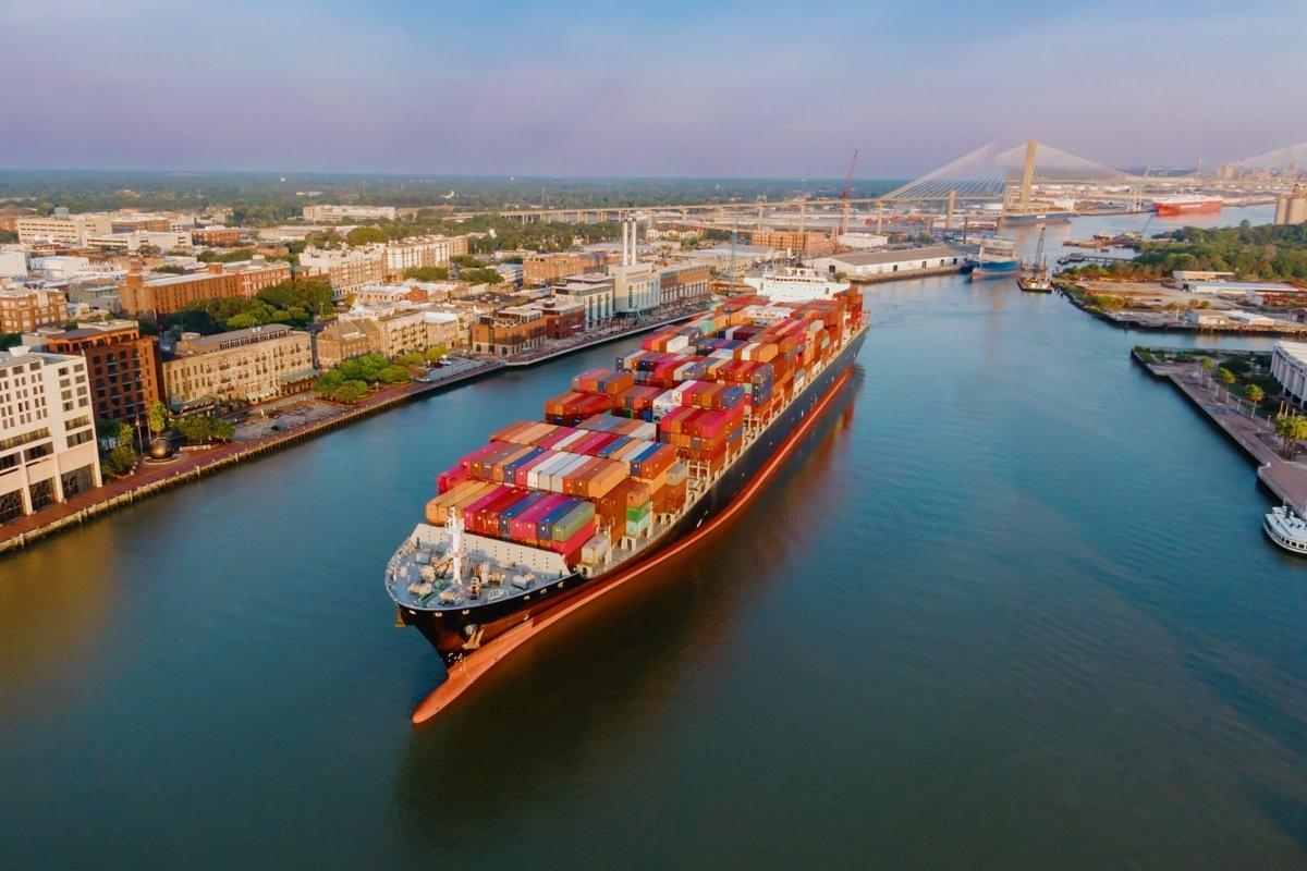 A cargo ship on the river in the Port of Savannah