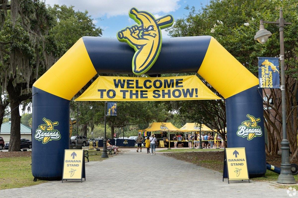The blue and yellow entrance to the Savannah Bananas Event