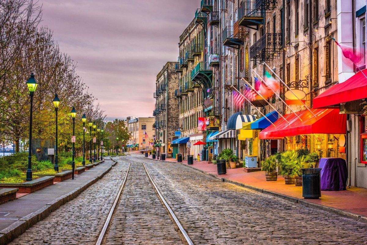 The cobblestone streets of the shopping district