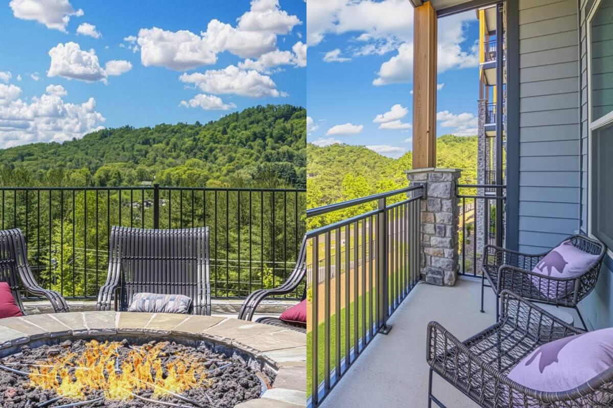 Sit on the patio or rooftop to view the mountains at Enclave Piney Mountain in Asheville, NC.