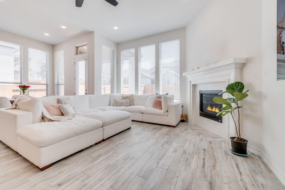 A fireplace in a modern apartment living room.