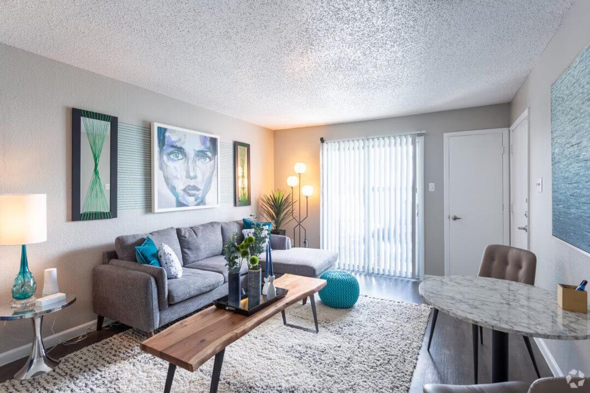 A view of a decorated living room at the Starburst apartment community in Georgian Acres.