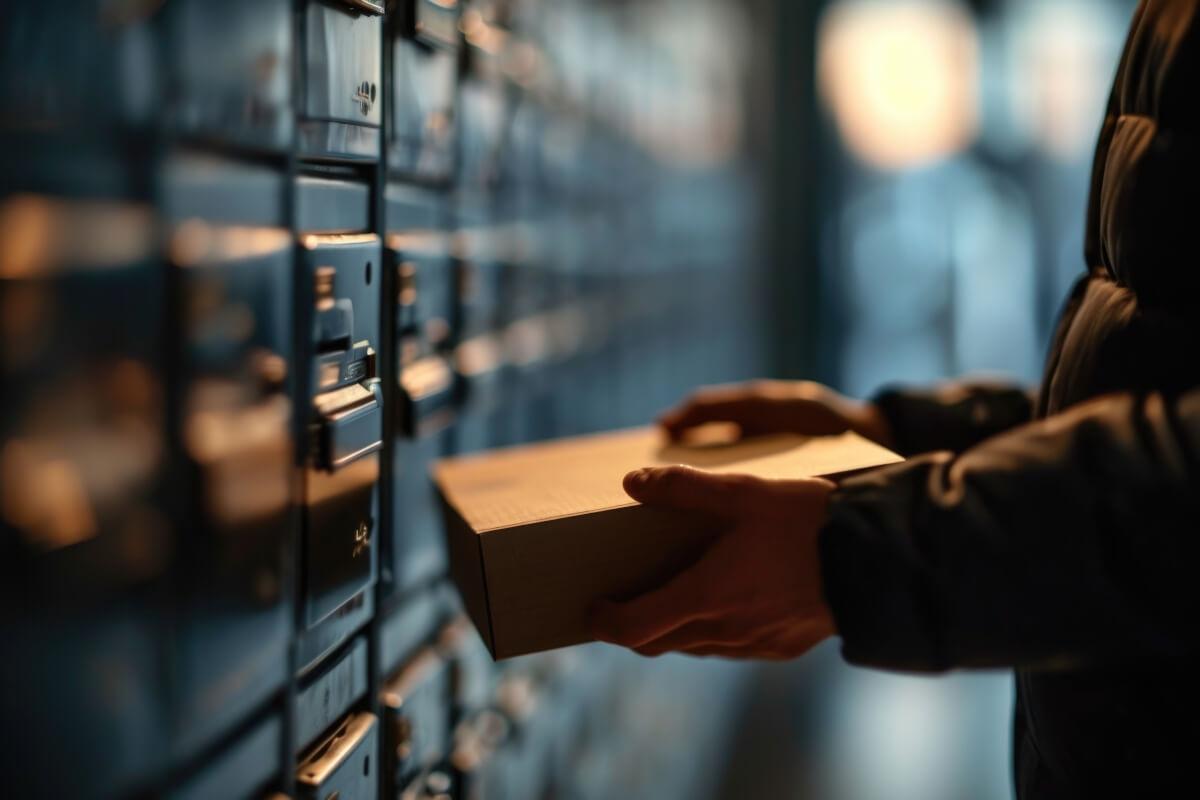 Carrier puts package in parcel locker. 