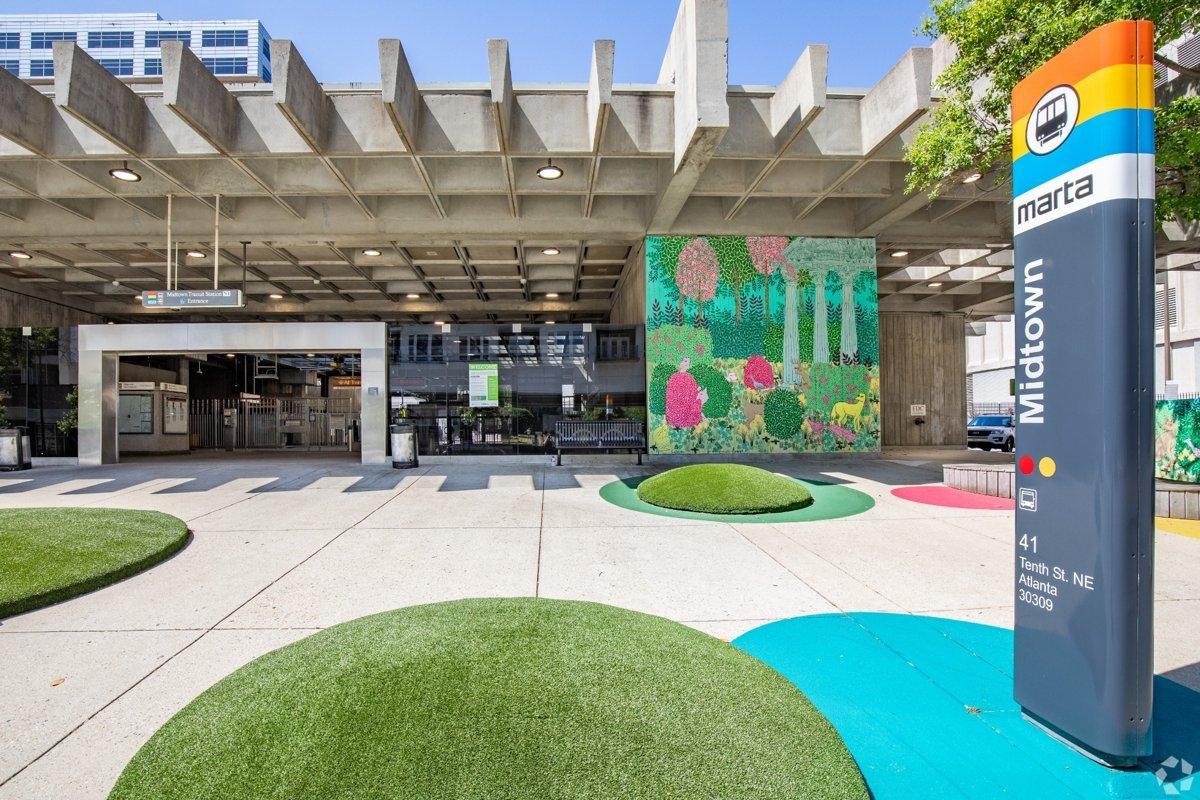 A colorful shot of the Midtown Atlanta light rail station known as MARTA