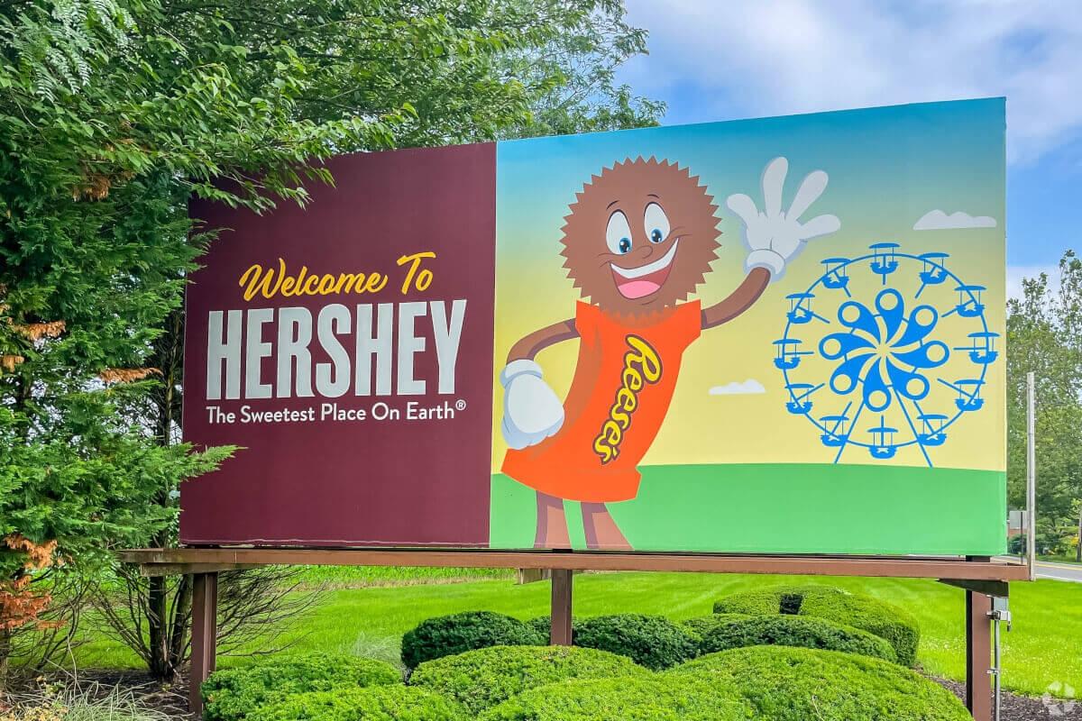 The welcome sign for Hershey, Pennsylvania, names the city “The Sweetest Place On Earth.”