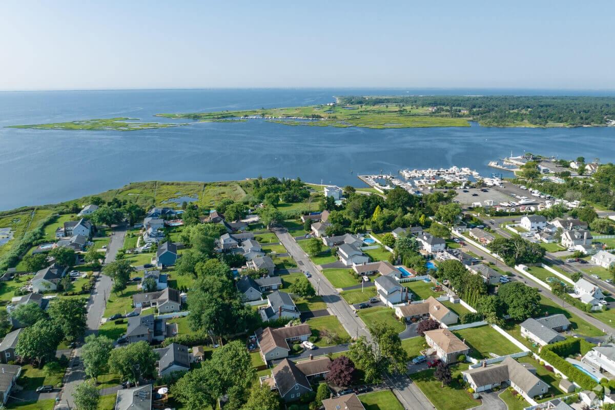 An aerial view of Great South Bay from Oakdale.