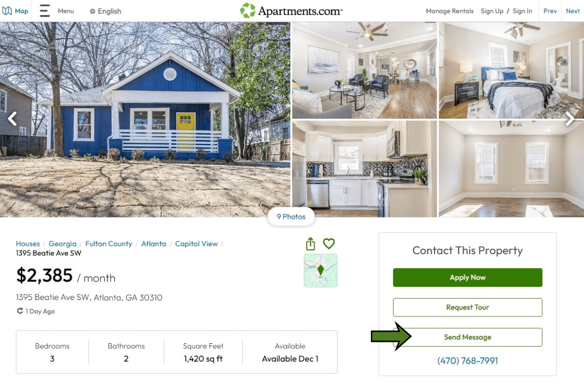 Apartments.com listing with emphasis on the "Message" button