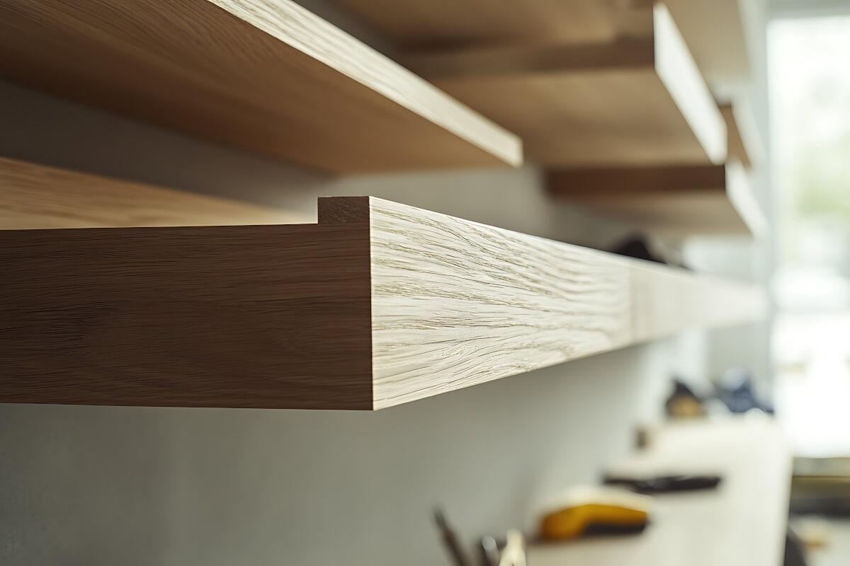 Hanging wooden shelves in an apartment