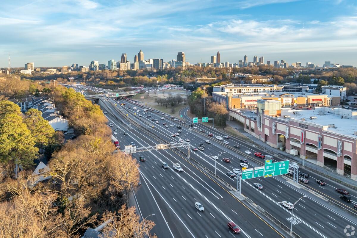 A view of the Atlanta skyline from over highways.