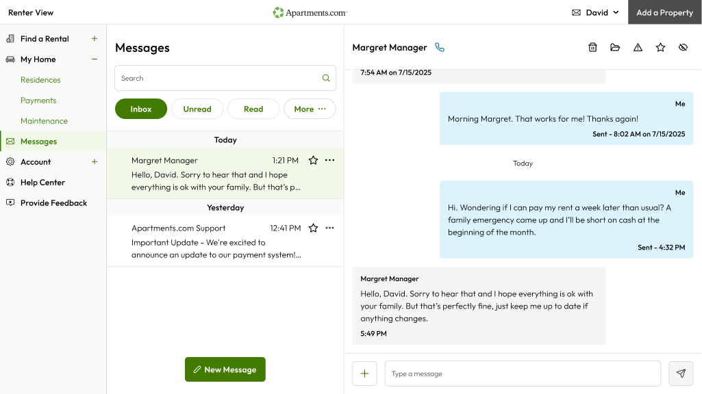 An example of Apartments.com's new Messages platform shows a renter's correspondence with a landlord.