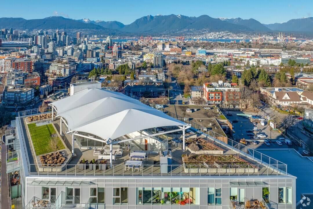 An aerial view of The Duke shows mountains in the background.