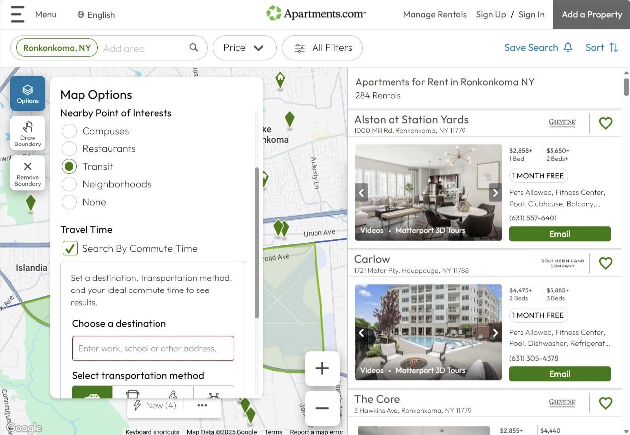 A screenshot of Apartments.com's Ronkonkoma results page shows the "Map Options" tab where users can narrow their search by commute time.