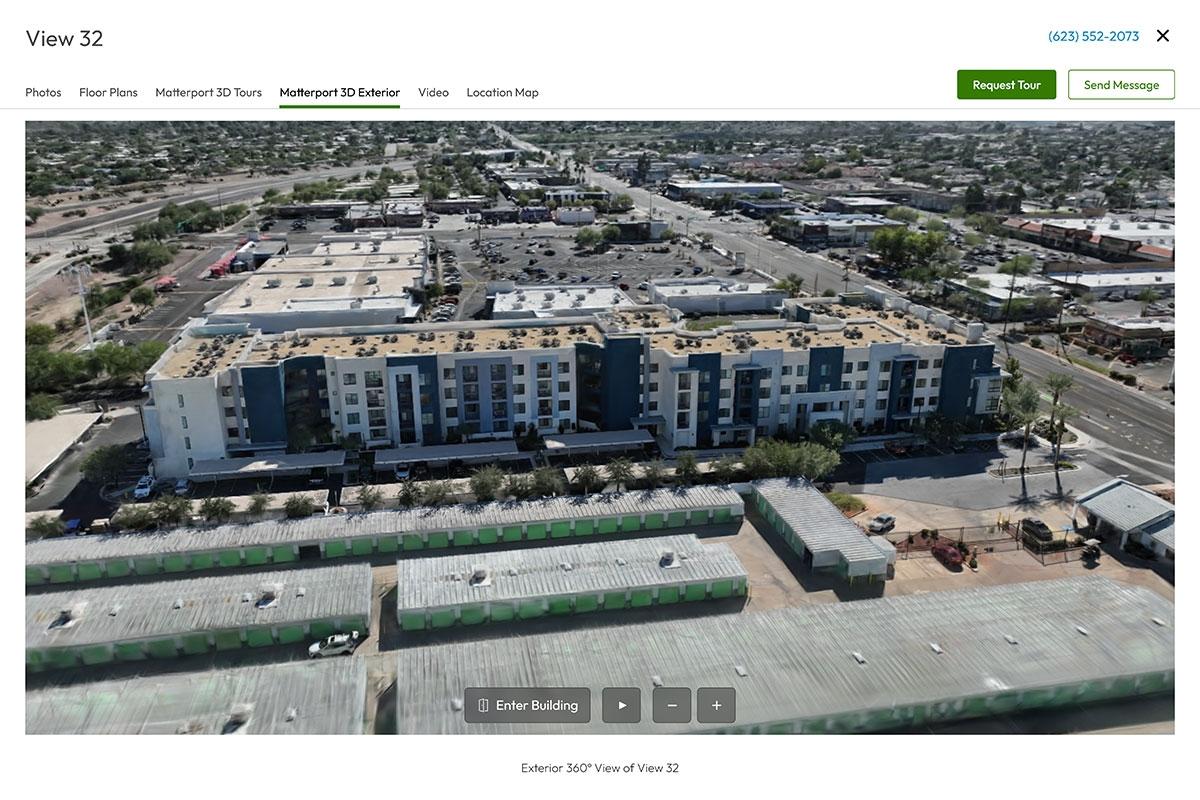 Screenshot of 3D exterior of the View 32 apartment community in Phoenix, AZ.