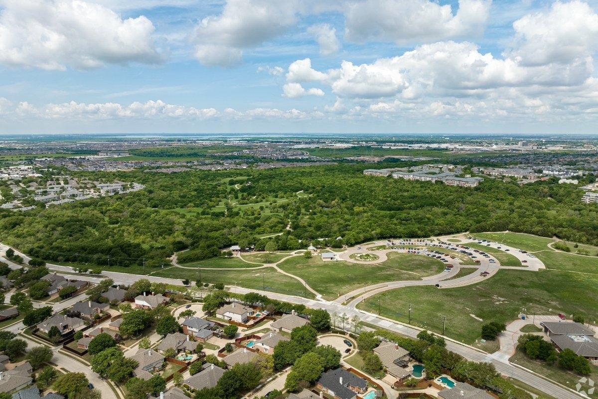 A high aerial view of the Prestonwood community in Dallas, TX