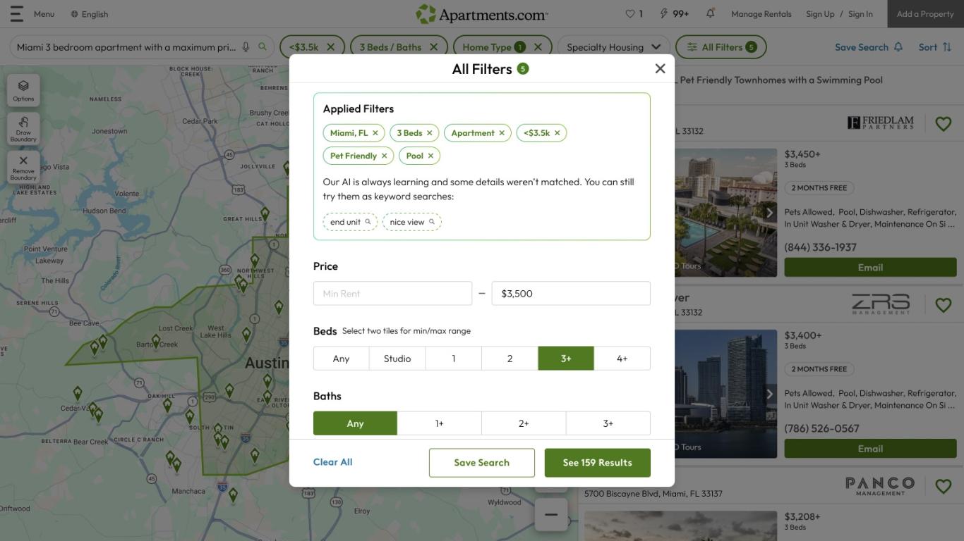 A screenshot of the Apartments.com "Filters" popup shows AI Smart Search terms applied as filters.