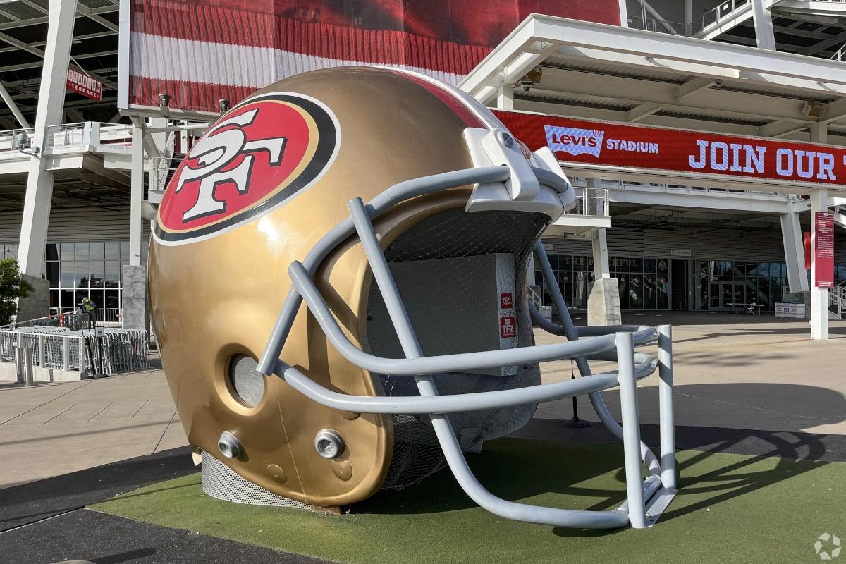 A giant 49ers helmet in front of Levi’s Stadium in Santa Clara.