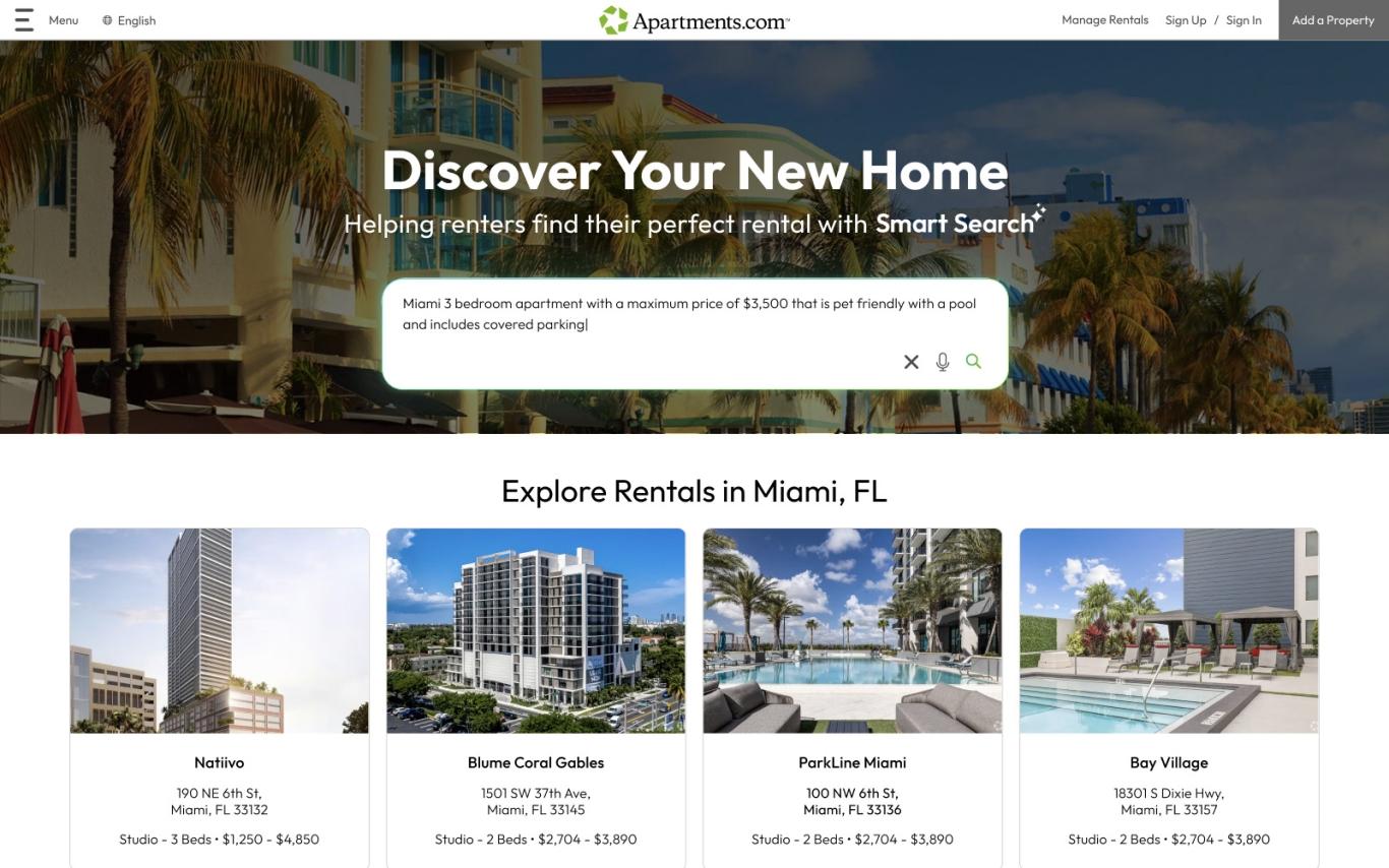A screenshot of the Apartments.com home page shows an expanded search bar with an AI Smart Search entered.