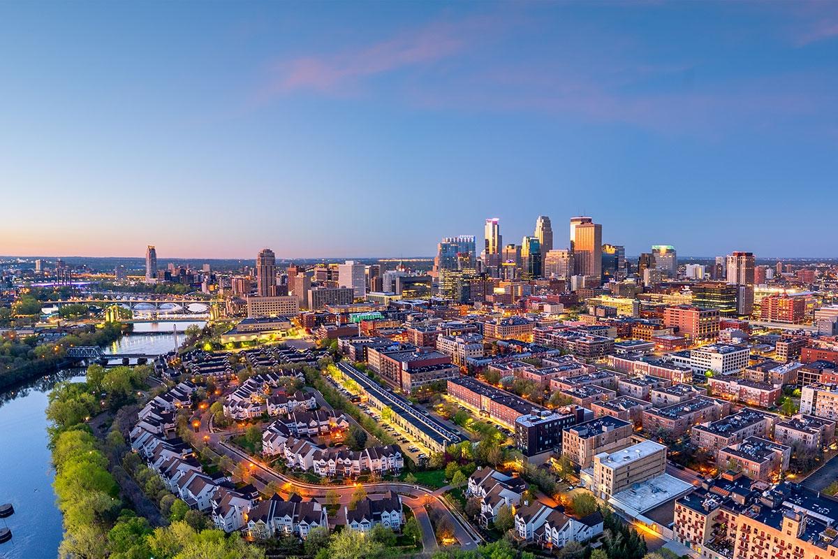 The Mississippi River runs next to Downtown Minneapolis.