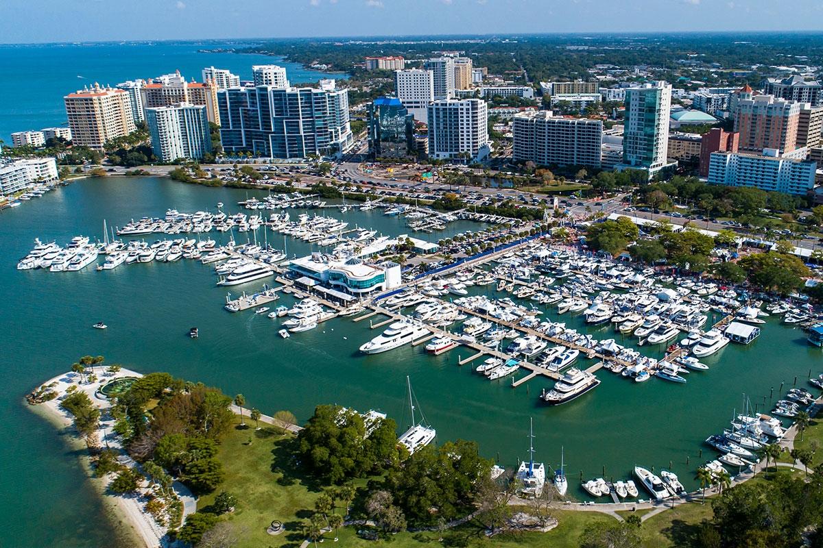 Downtown Sarasota has a harbor with many boats.