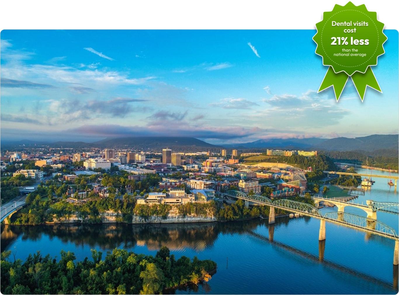 An aerial shot of Chattanooga with the river and bridges