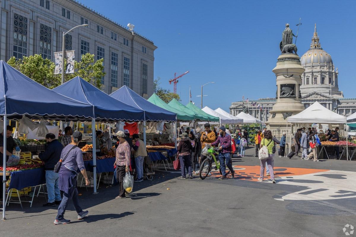 A farmers market is set up in the Civic Center neighborhood in San Francisco.