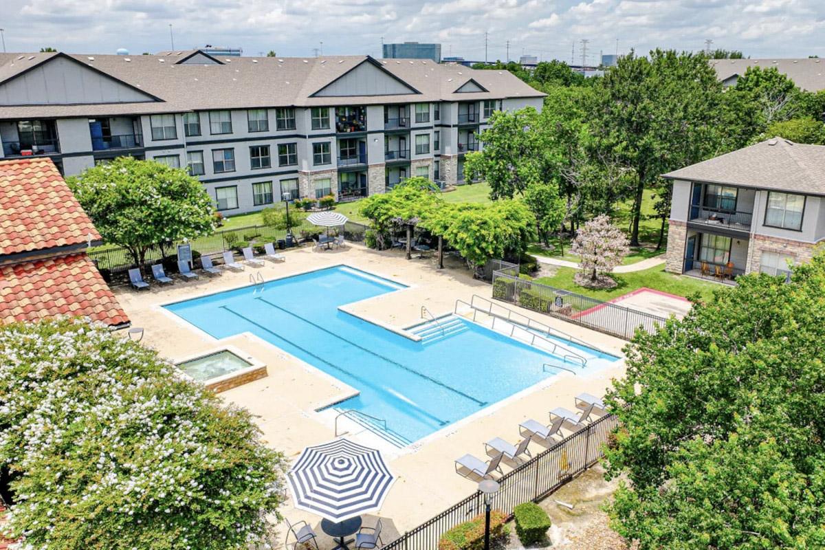 An aerial view of the pool at the Life at Brighton Estates apartment community.