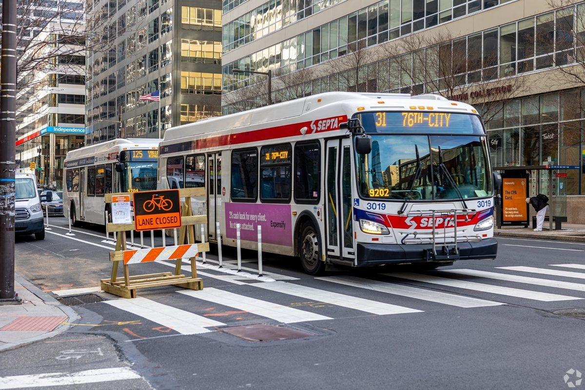 City buses on a downtown street in Philadelphia