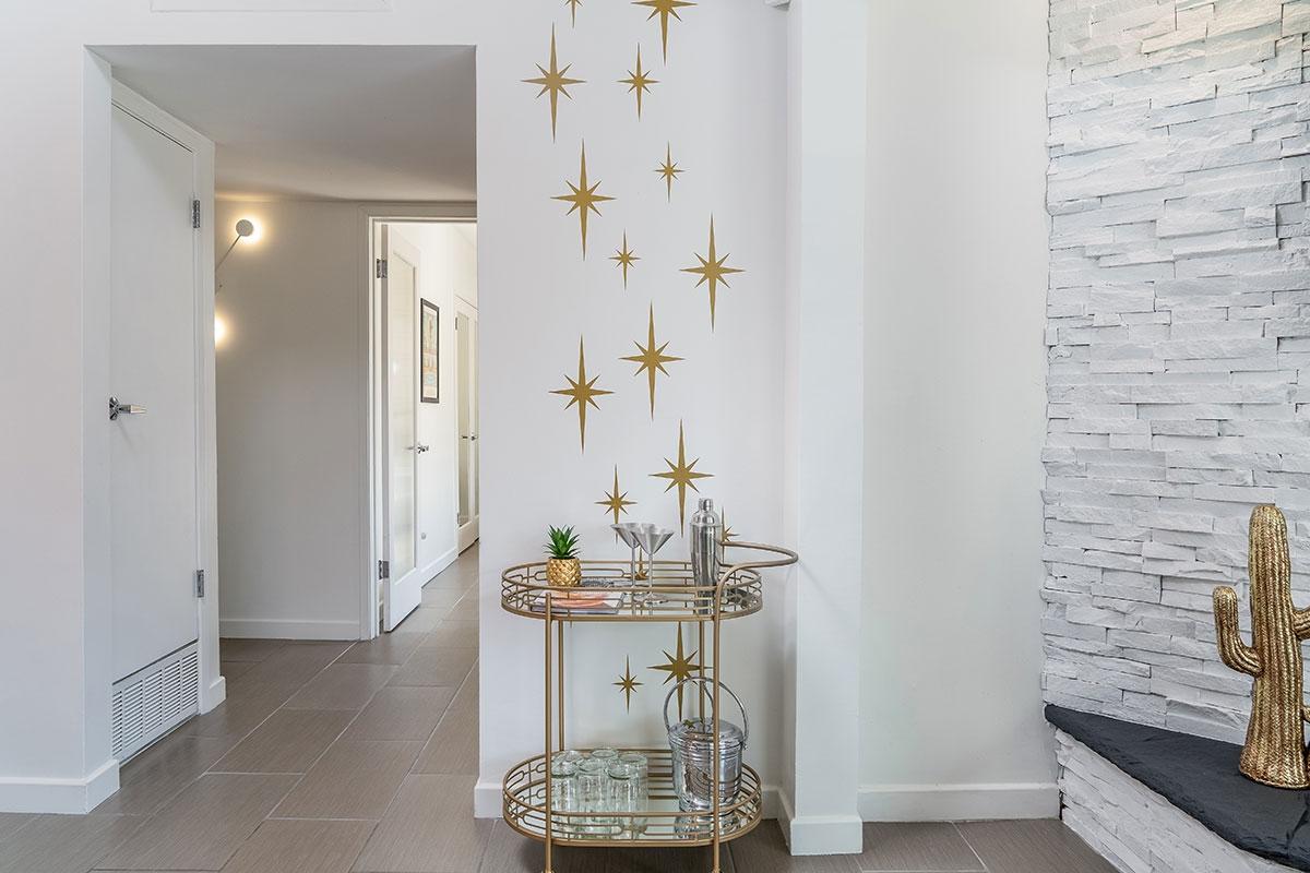 Bar cart corner setup in apartment 