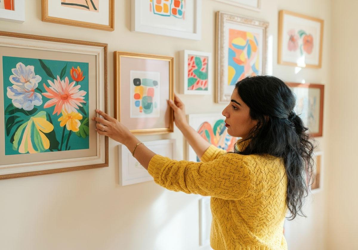 Renter hanging art in apartment