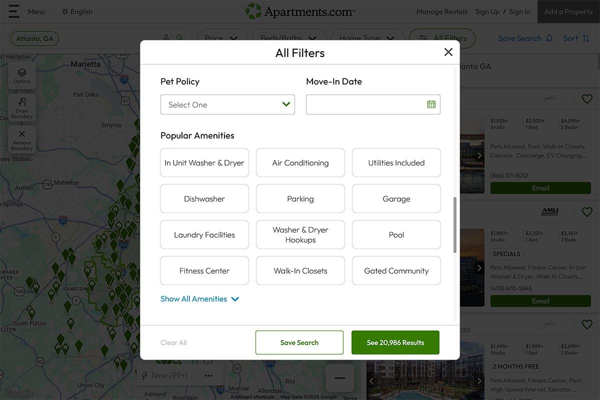 The amenity filter menu on Apartments.com.