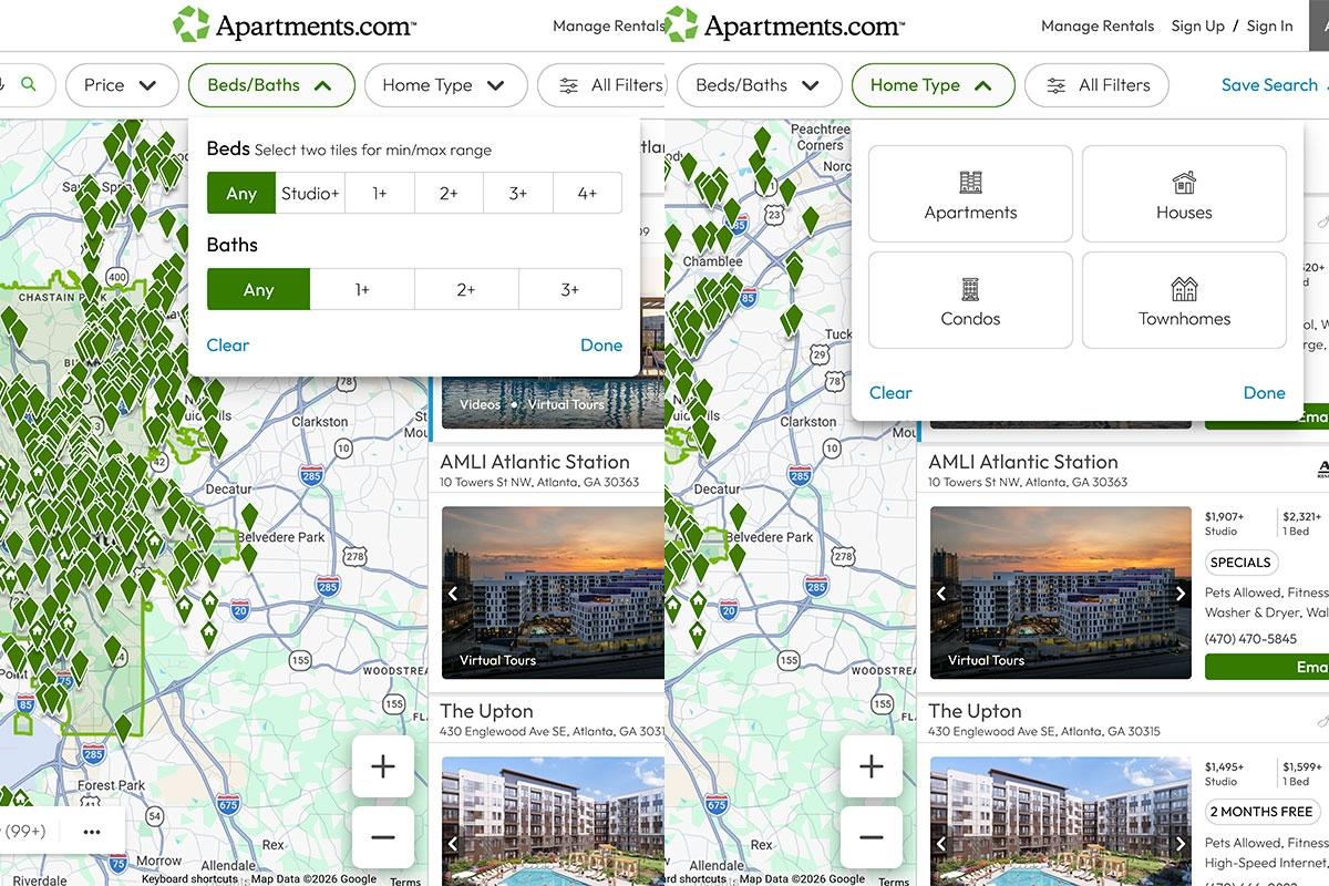 The beds/baths and home type filters on Apartments.com.