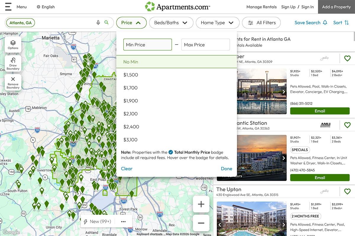 The price filter on Apartments.com.