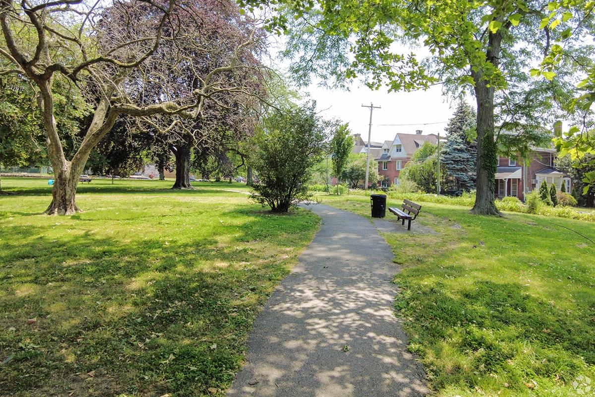 A walking path through Overington Park in the Frankford neighborhood.
