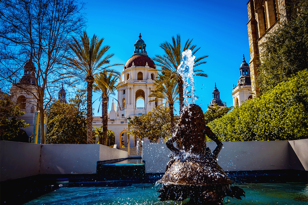 Pasadena City Hall in background with fountain at foreground
