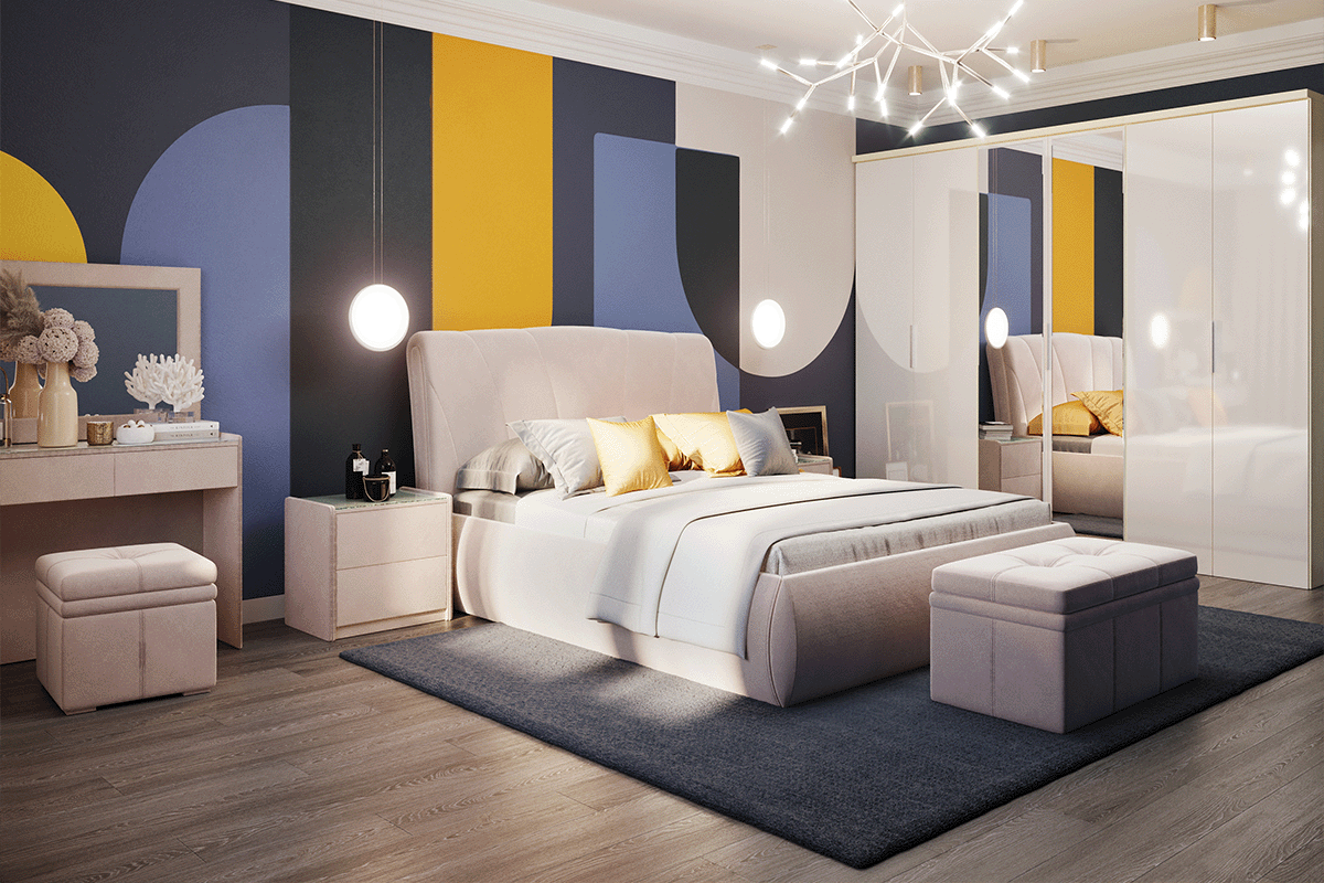 Bedroom with a geometric wall