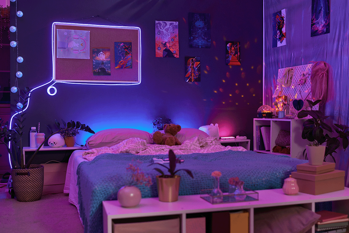 a dark bedroom with a low bed with no headboard and blue bedding. The room is light up by lights that are red, blue, and yellow. There are potted plants throughout the room and there are posters on the wall.. 