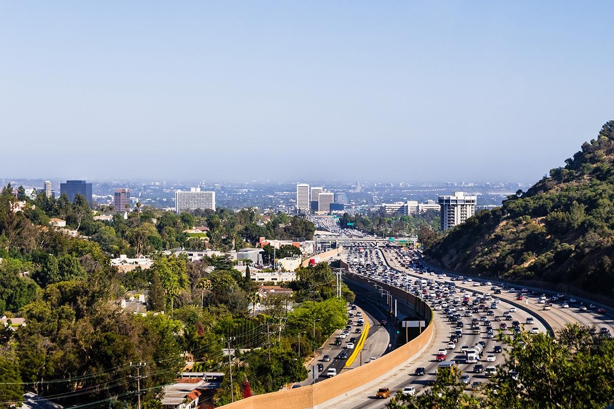 A highway in Los Angeles is packed with traffic.