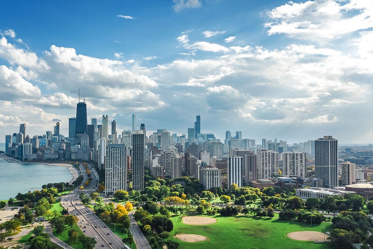 Downtown Chicago can be seen next to Lake Michigan from northern suburbs.