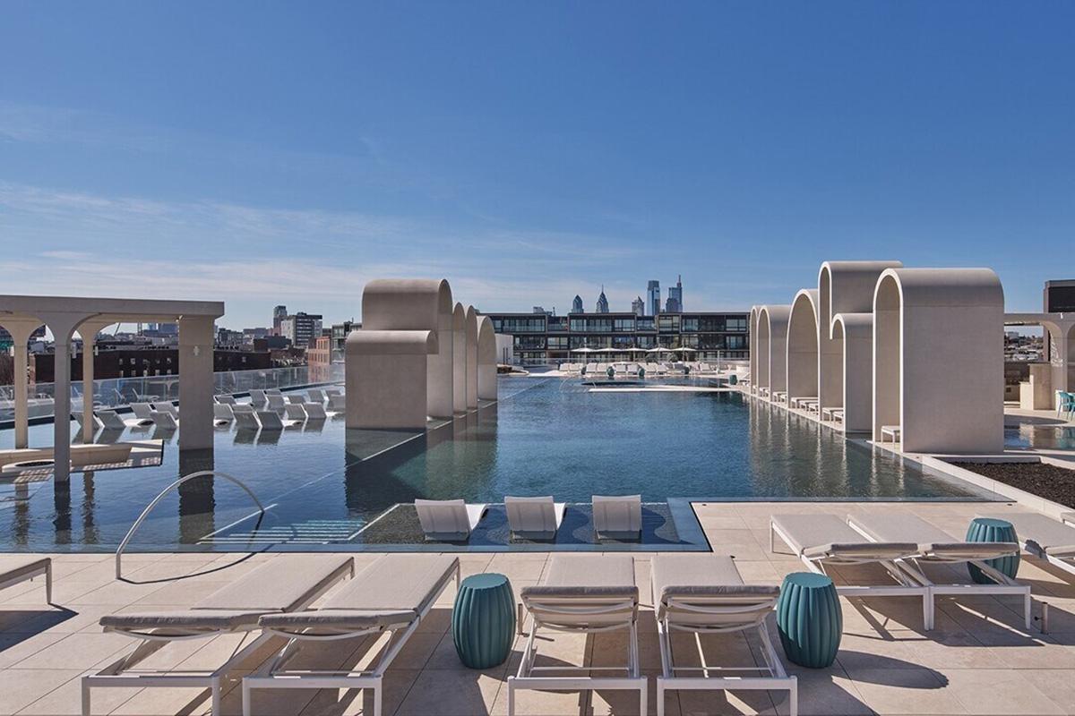 The rooftop pool at the Piazza Alta apartment community has great views of Philadelphia.