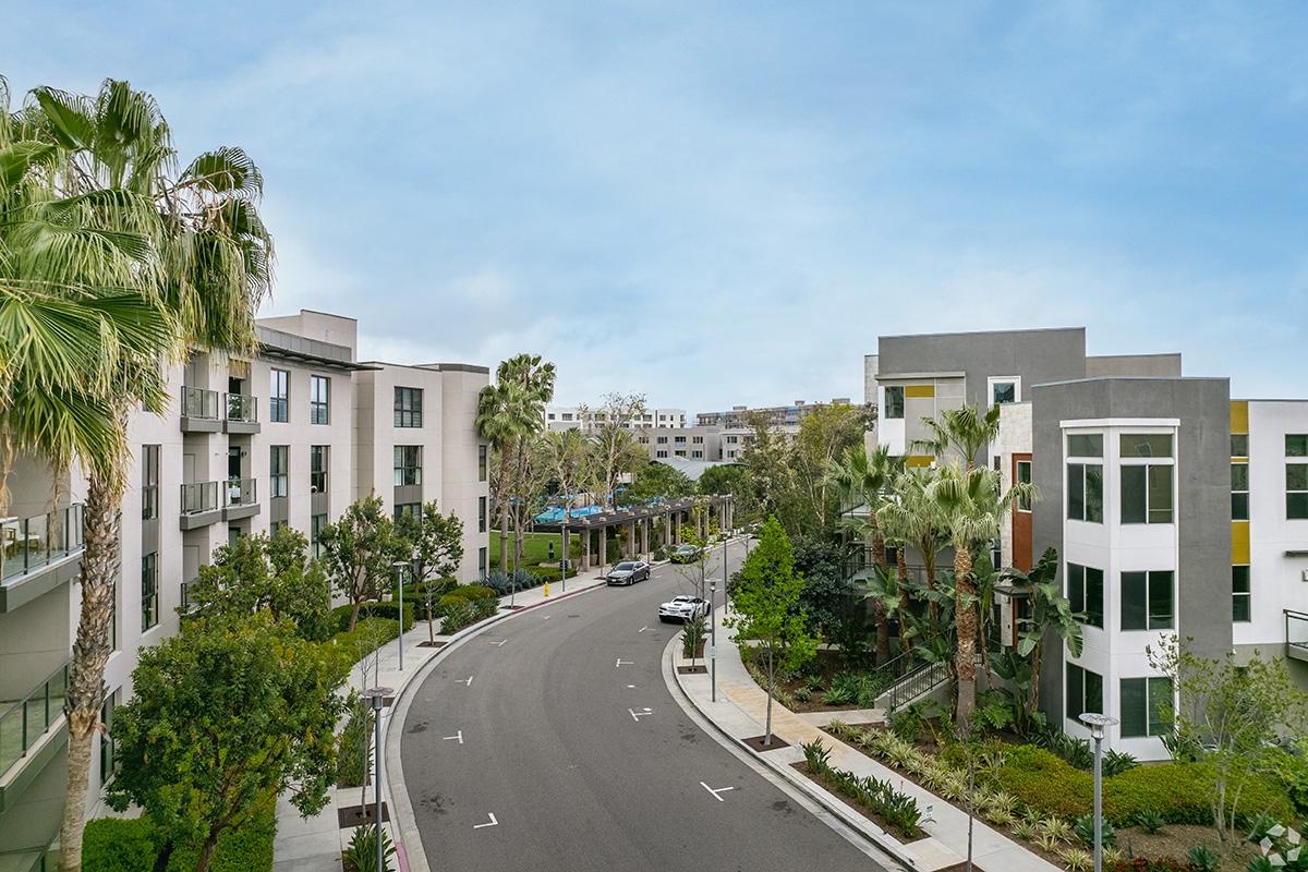 The Irvine Business Complex has multi story apartments and walkable sidewalks.