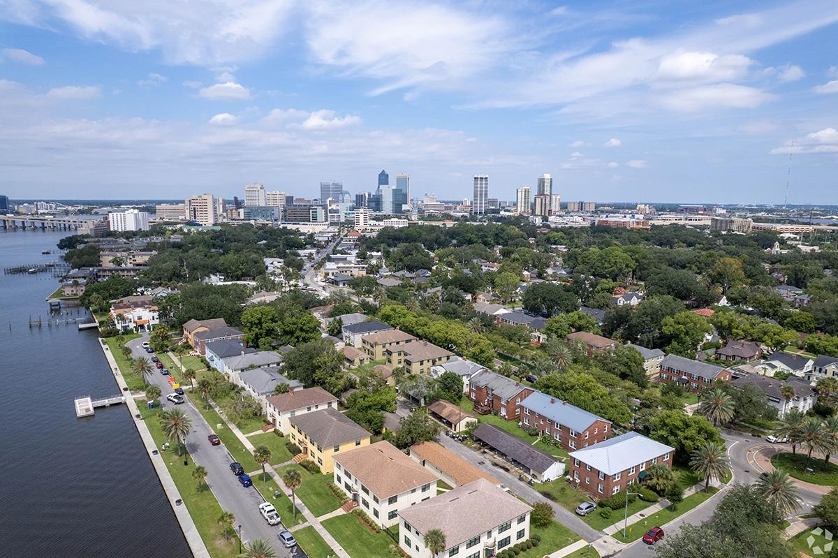 An aerial view of the San Marco neighborhood with Downtown Jacksonville in the background.