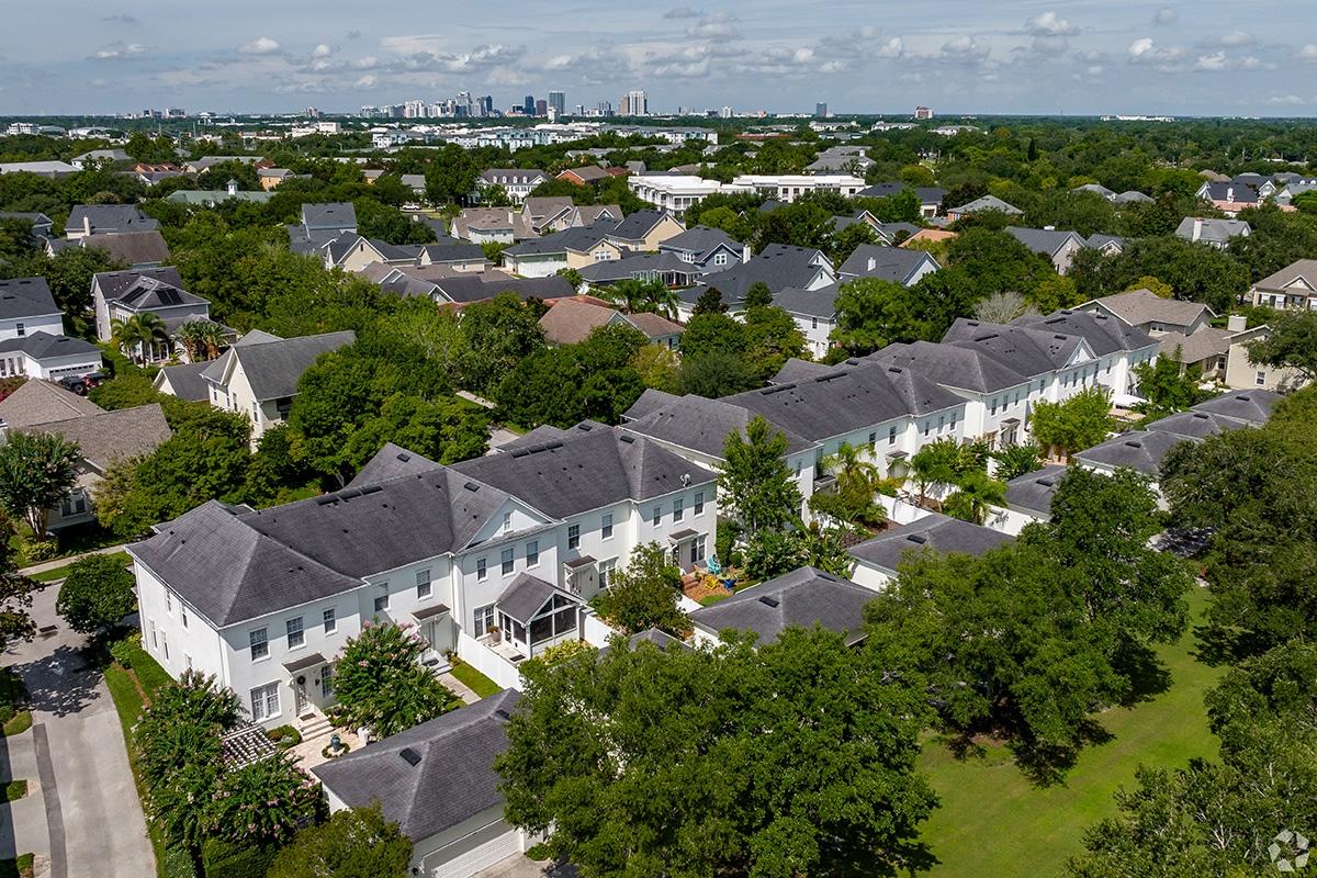 Downtown Orlando can be seen from a bird's eye view in Audubon Park, Florida.