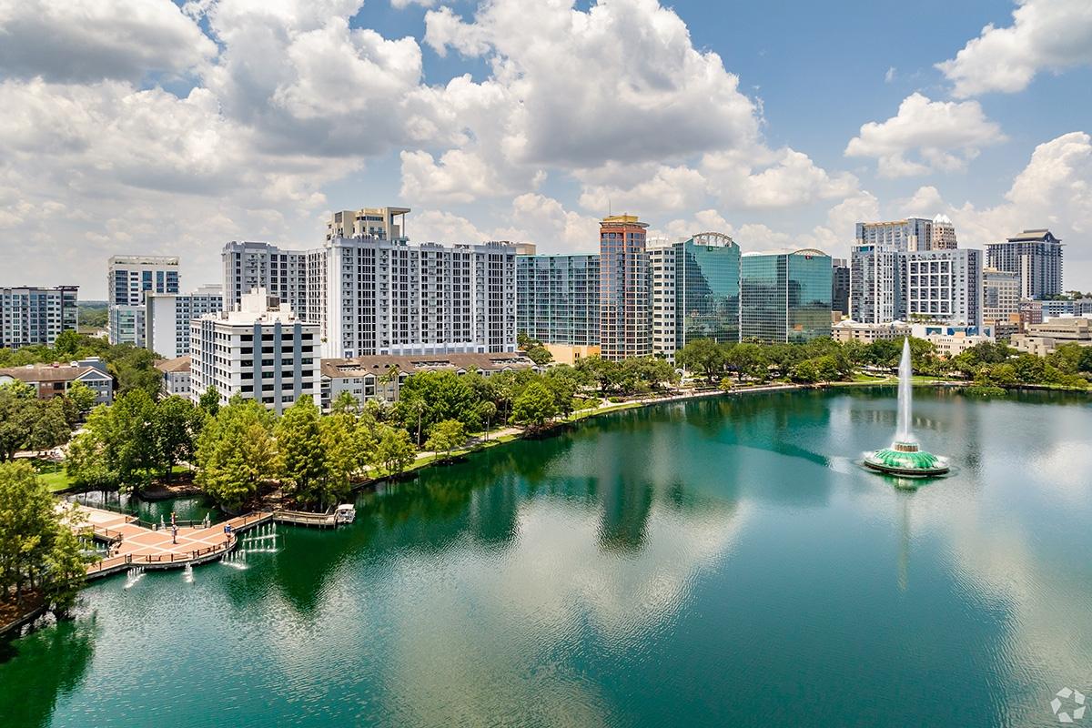 Aerial view of Lake Eola and the downtown skyline.