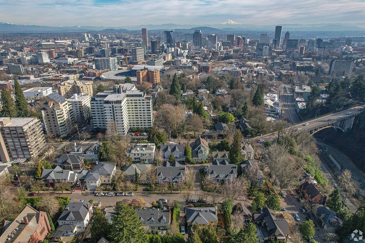 An aerial view of the Goose Hollow neighborhood.