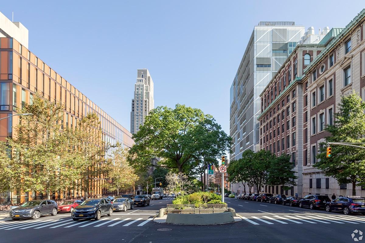A street in NYC with people, cars, and trees.