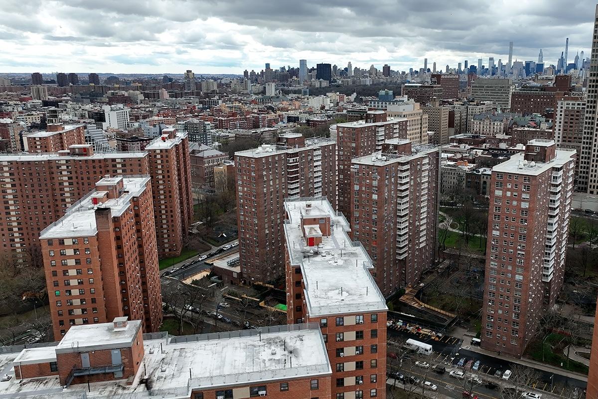 Massive apartment buildings cluster together in New York.