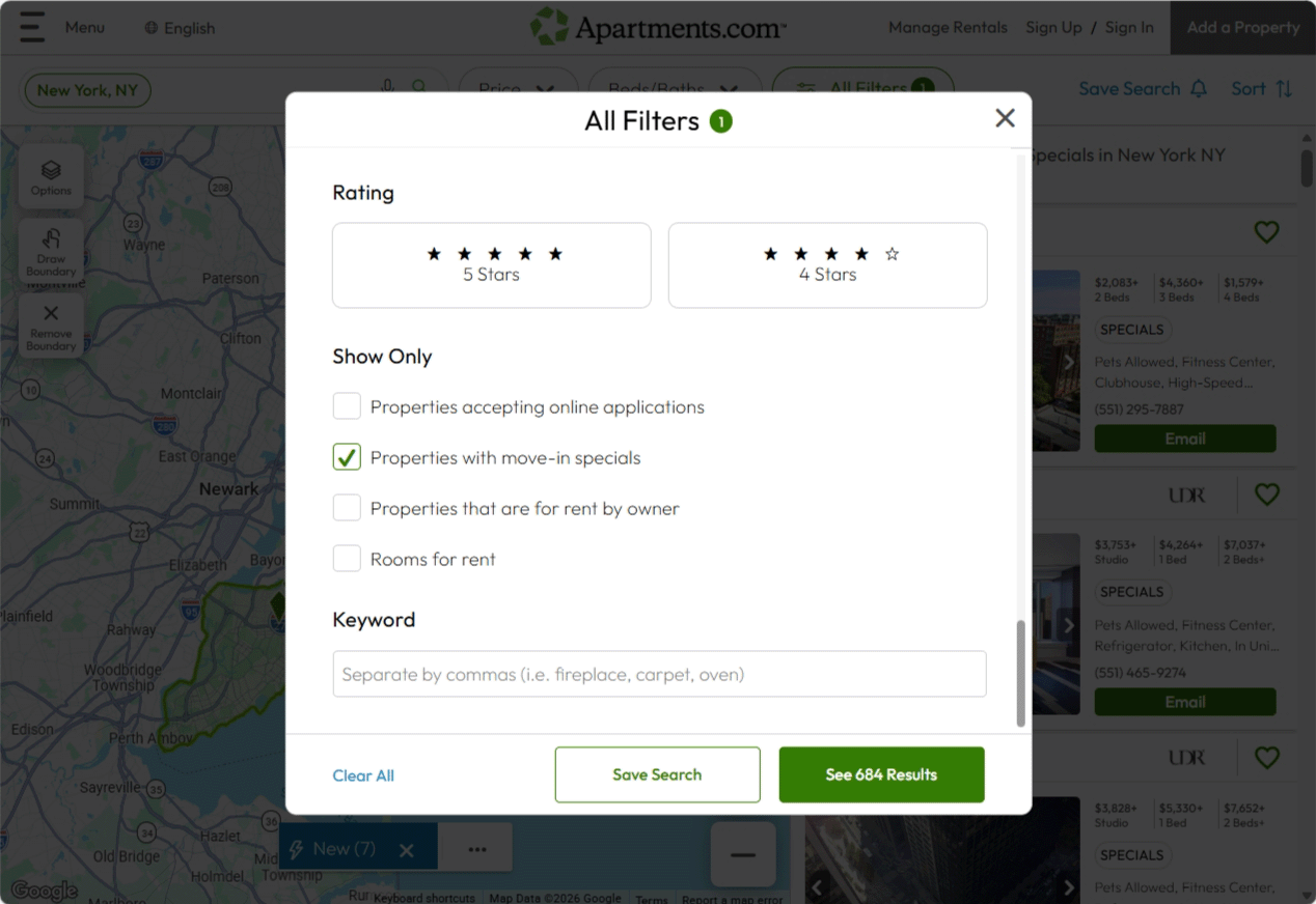 A screenshot of the All Filters popup on Apartments.com shows the box next to "Properties with move-in specials" checked.