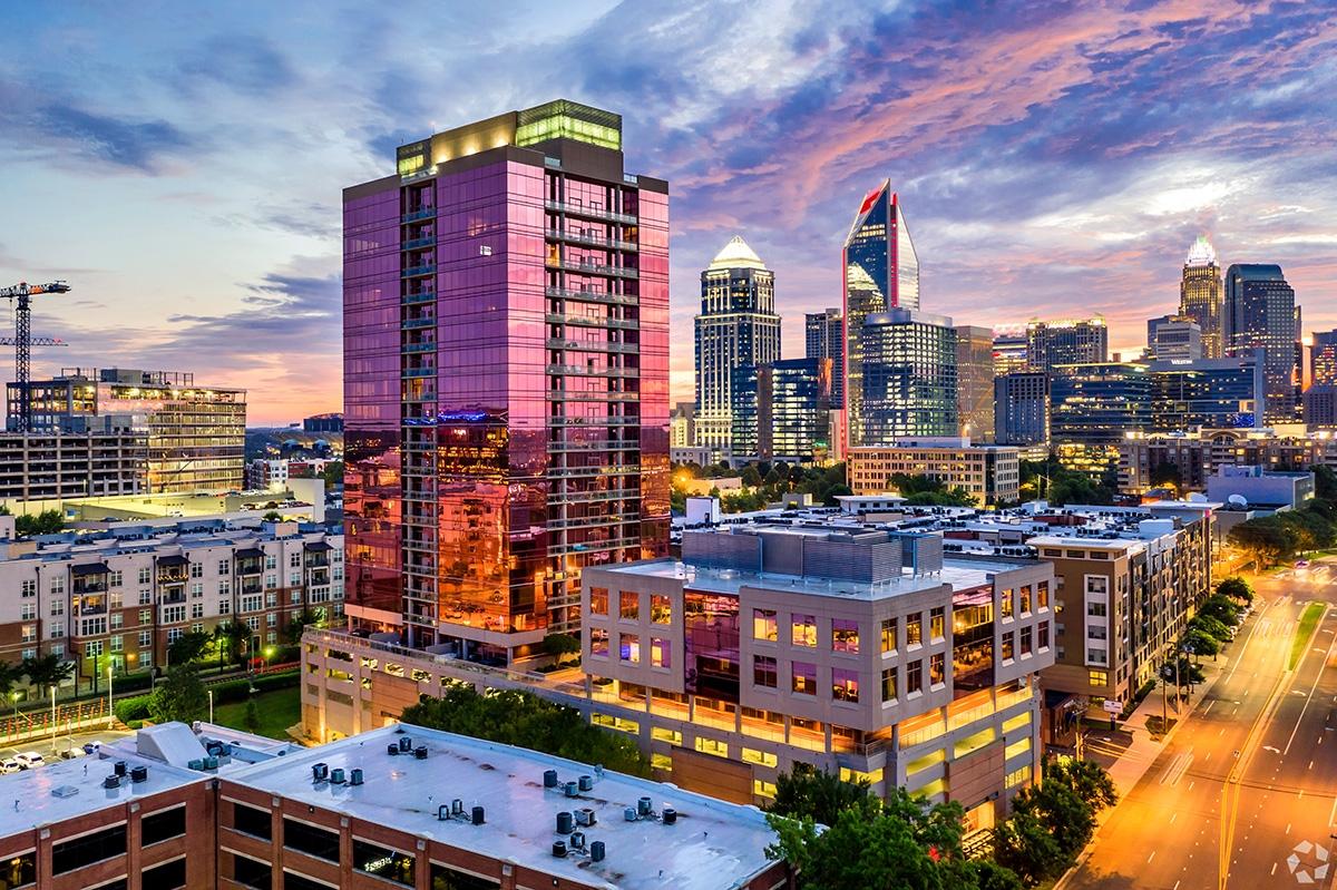 A sunset view of the South End neighborhood, one of the top Charlotte neighborhoods for new grads.